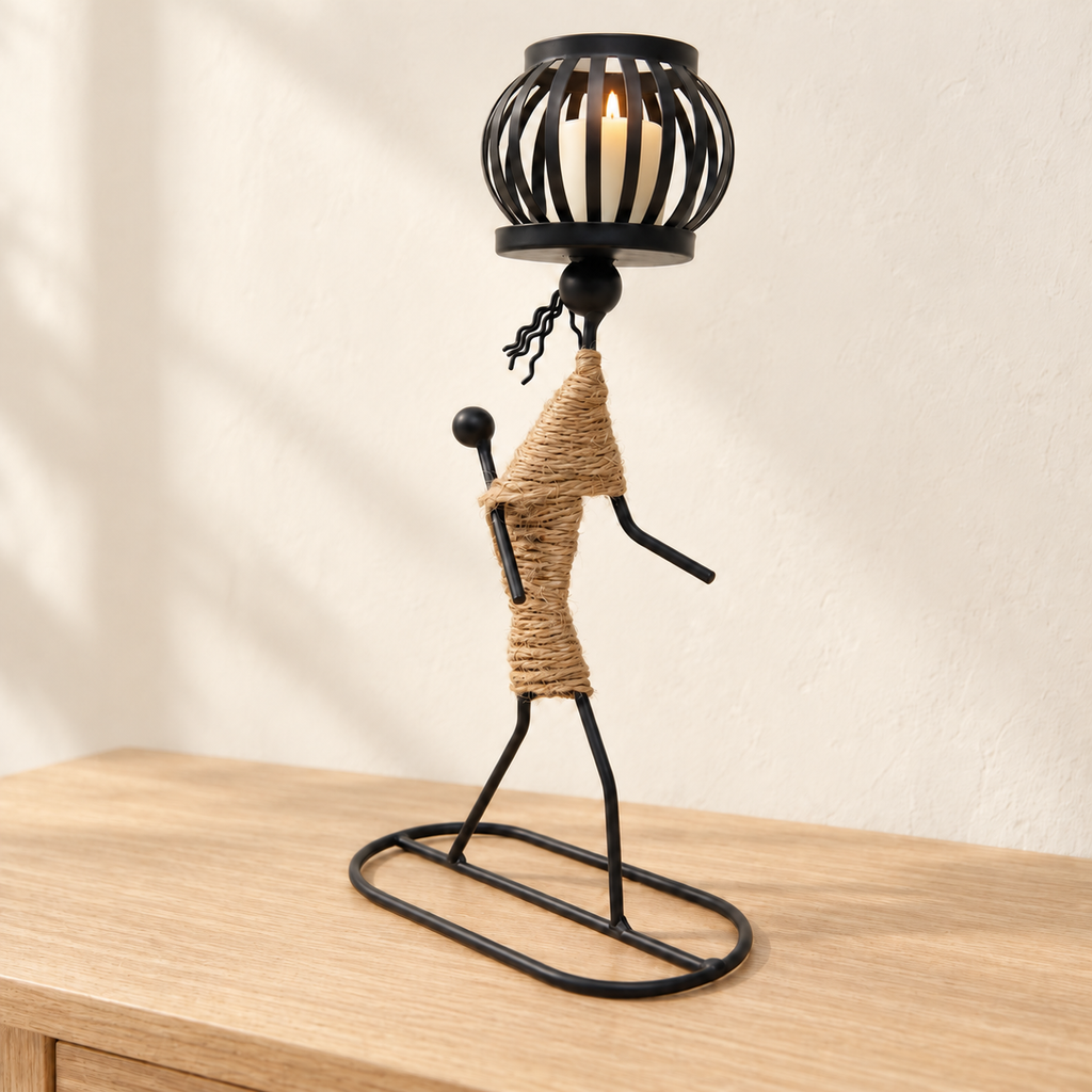 Figure Candlestick with an ivory styling candle lit on an oak console