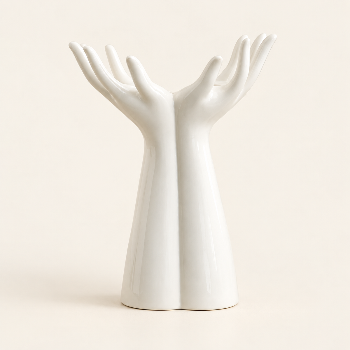 Ceramic Hand Vase — Large, white glazed sculptural hands on warm cream