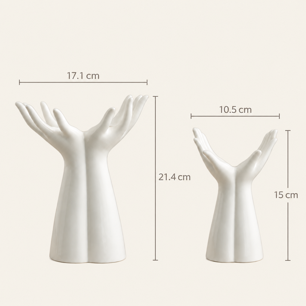 Hand vase supplier size diagram: 17.1 by 21.4 cm and 10.5 by 15 cm