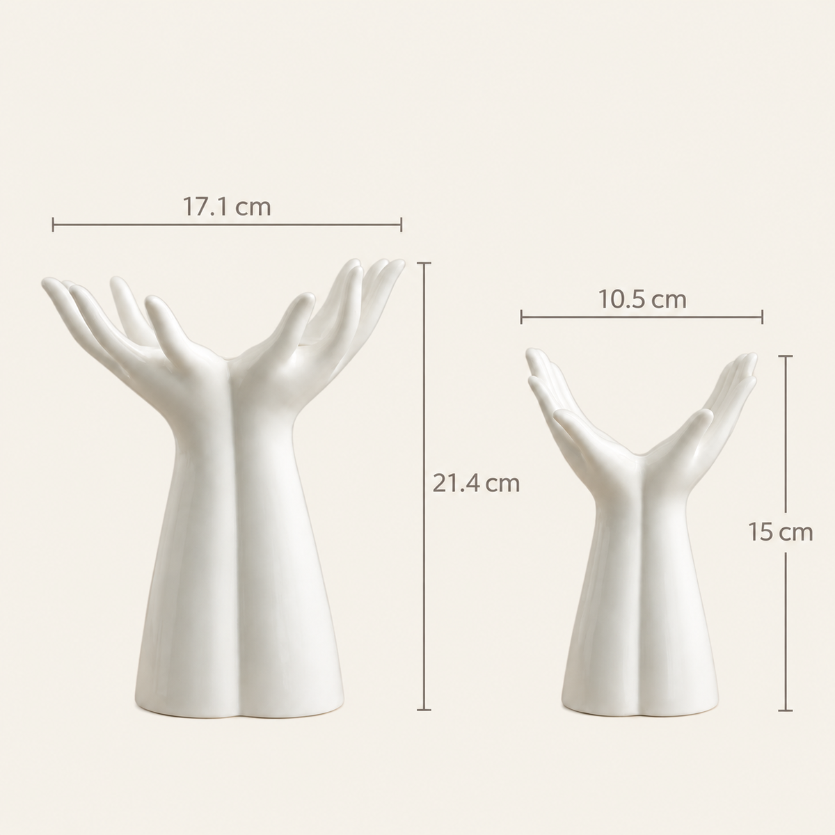 Hand vase supplier size diagram: 17.1 by 21.4 cm and 10.5 by 15 cm