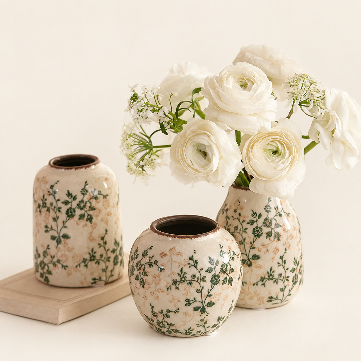 Crackle Ceramic Vase Set of 3 — Cylinder, Tapered and Round