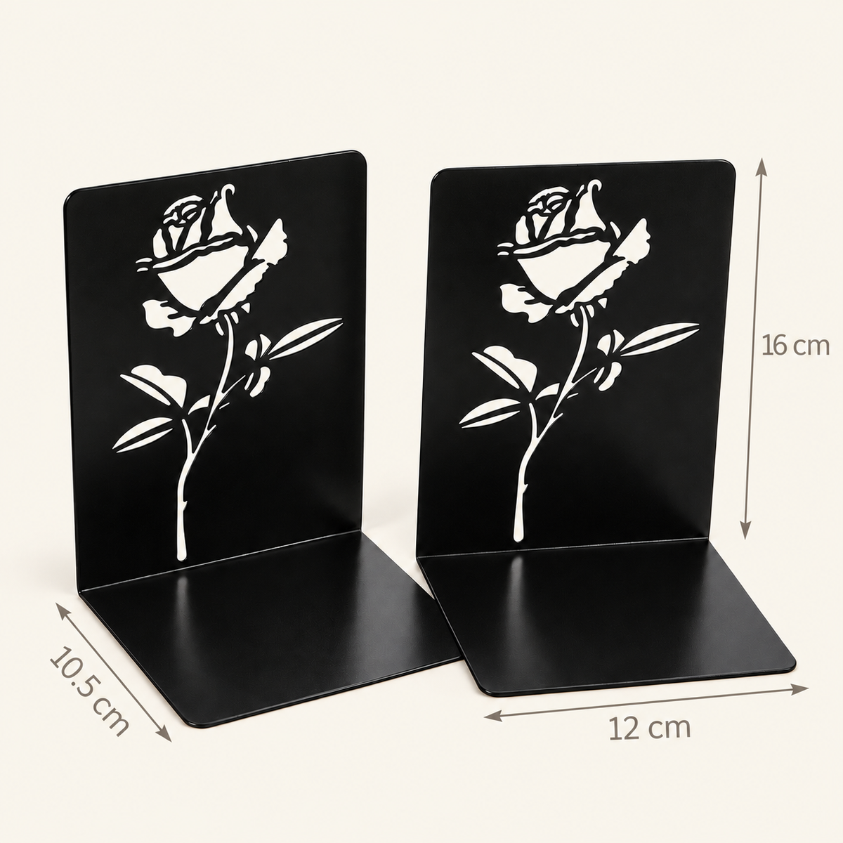 Rose silhouette bookends dimensions: 16 cm height, 12 cm base width, 10.5 cm base depth