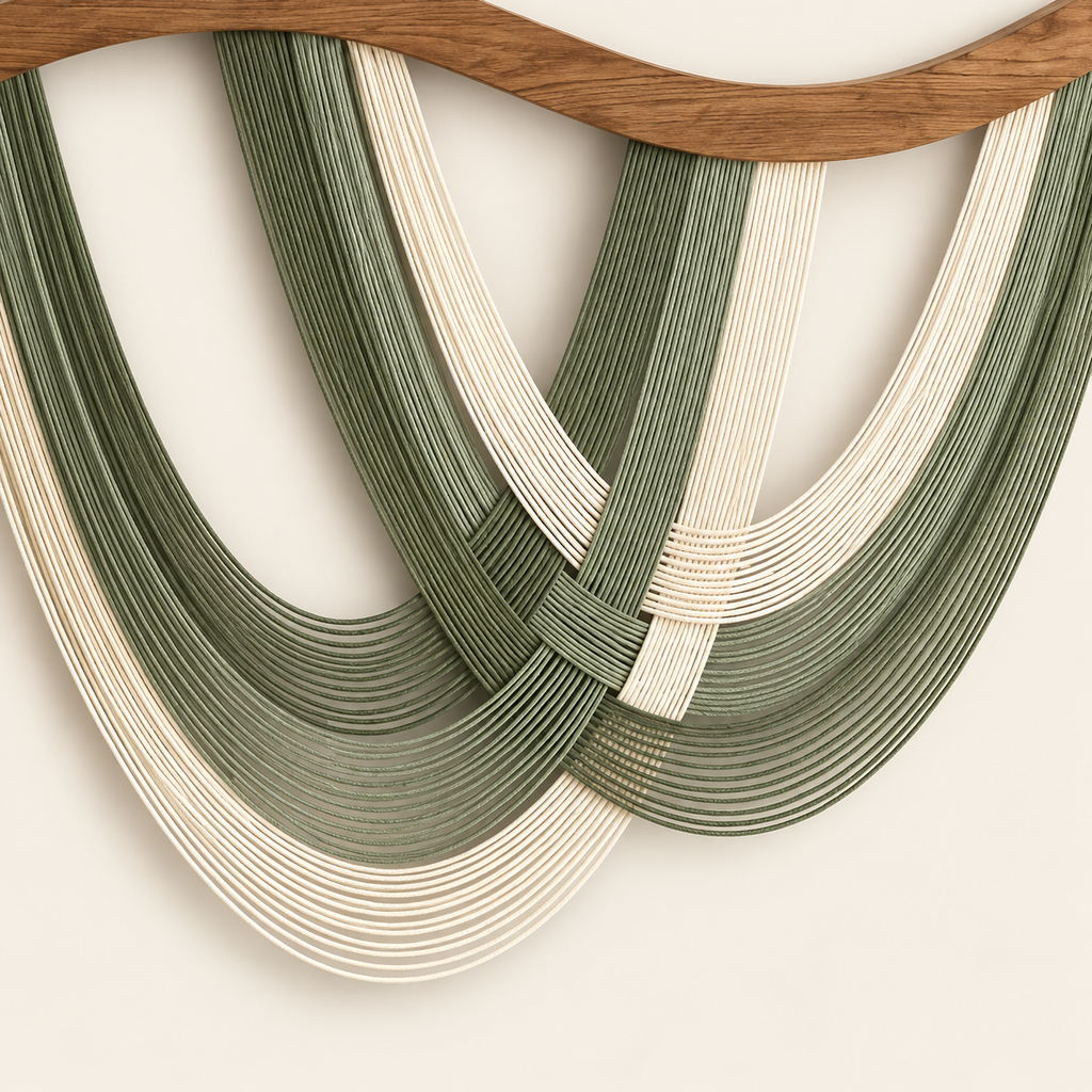 Close view of the green and cream cord bands crossing beneath the wavy wood top