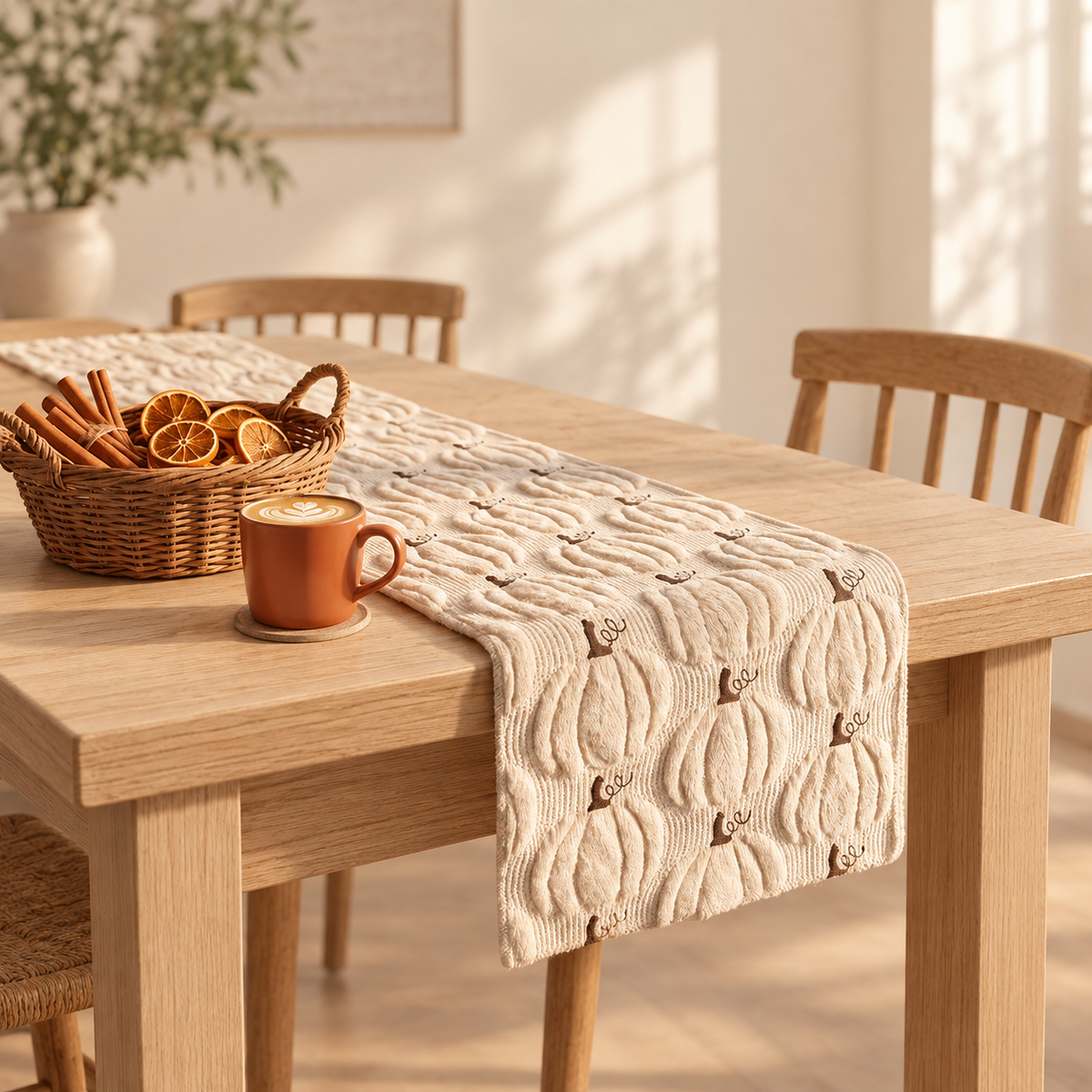 Beige pumpkin-pattern runner on an oak dining table; cup and basket are styling props