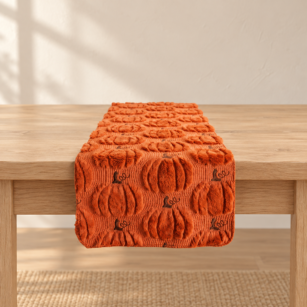 Caramel pumpkin-pattern runner draped over an oak table in a warm cream room