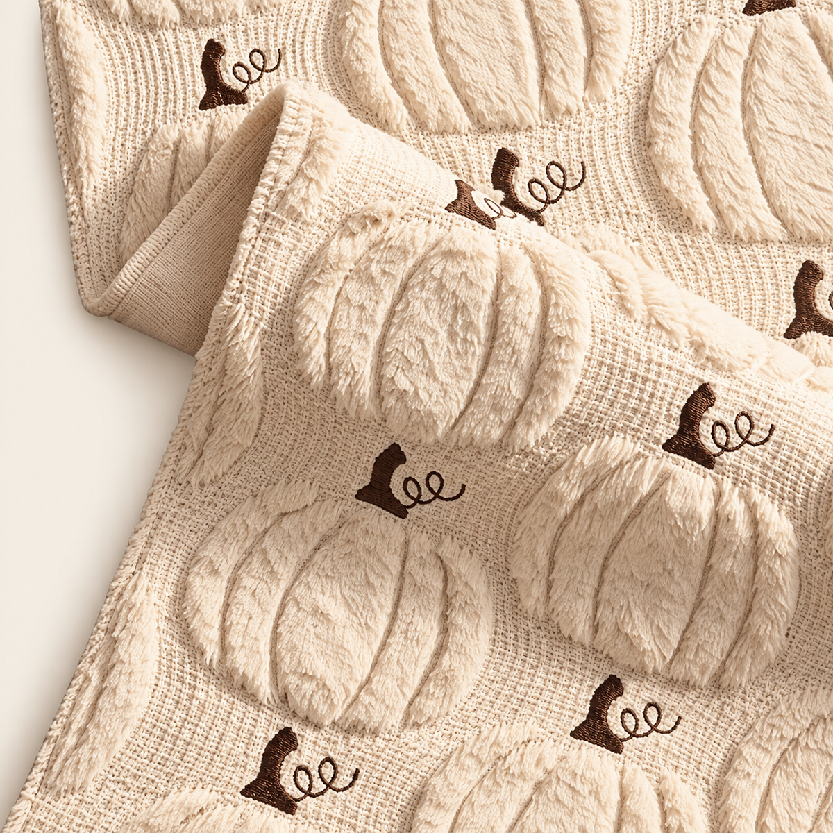 Close view of beige pumpkin runner's visible raised weave and folded fabric on a warm cream background