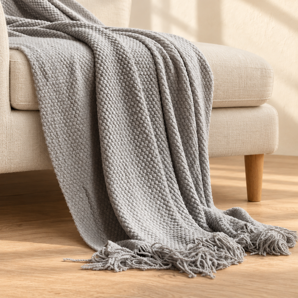 Light grey textured knit throw with tassels draped over a cream sofa.