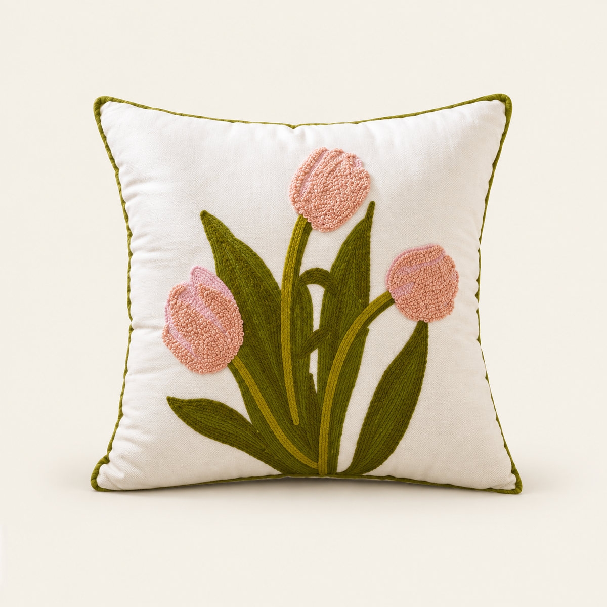 Embroidered Floral Cushion Cover — Pink tulips on a cream studio background
