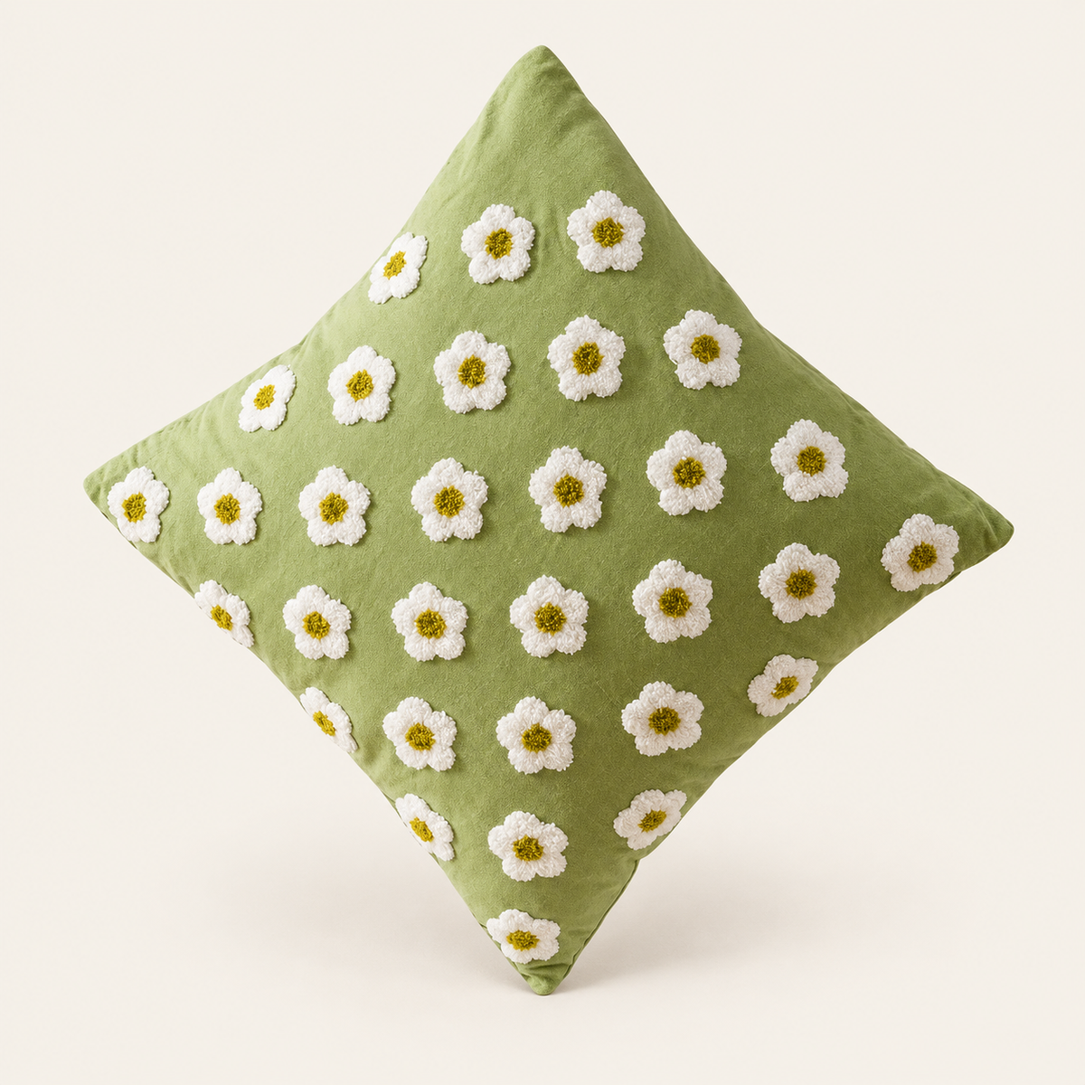 Embroidered Floral Cushion Cover — Green flowers on a cream studio background