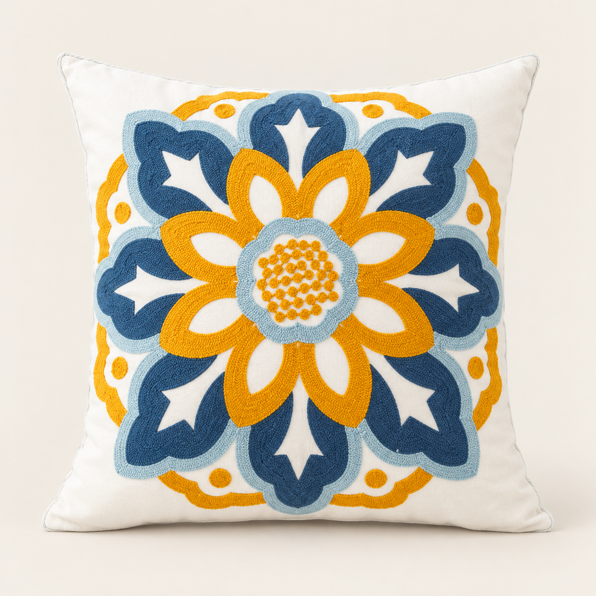 Embroidered Floral Cushion Cover — Various styles on a cream studio background