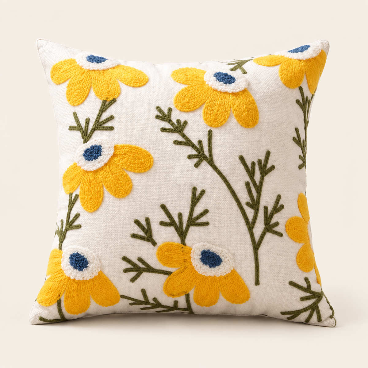 Embroidered Floral Cushion Cover — Yellow gesang flower on a cream studio background