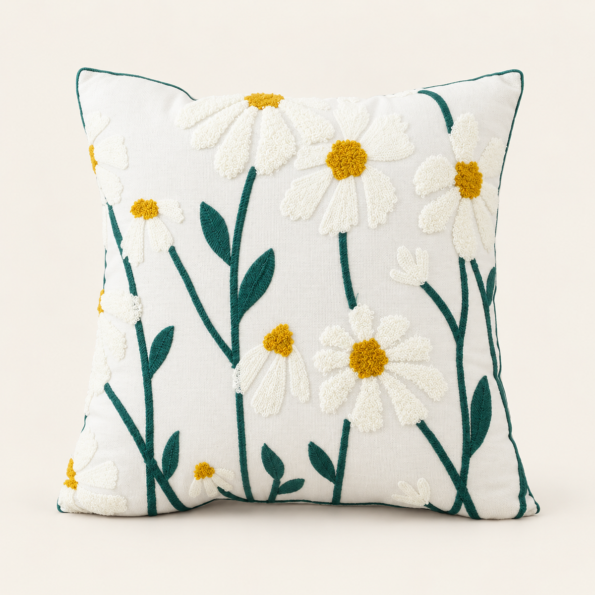 Embroidered Floral Cushion Cover — Spring flowers on a cream studio background