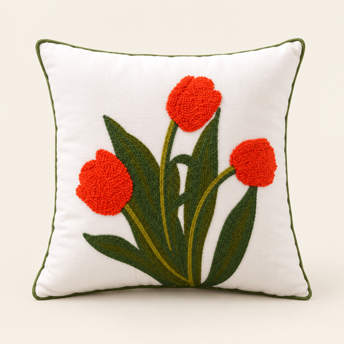 Embroidered Floral Cushion Cover — Orange tulips on a cream studio background