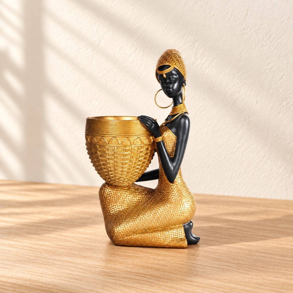 Basket Figure in black and gold on a warm ivory backdrop