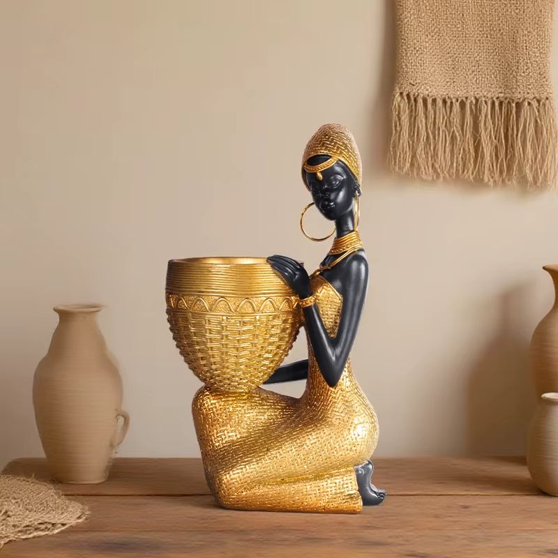 Basket Figure on a wood console with neutral ceramic room styling; props excluded