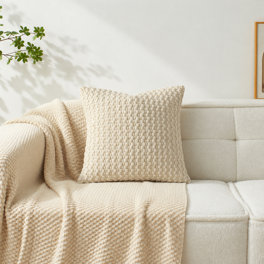 Beige textured boho cushion cover — lifestyle