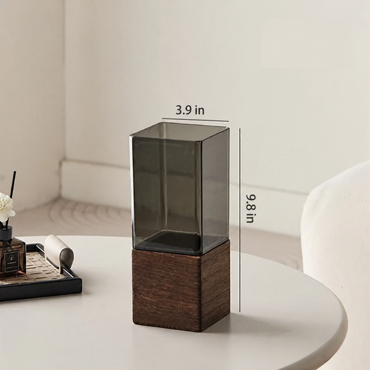 Smoke acrylic vase with base — inch dimensions