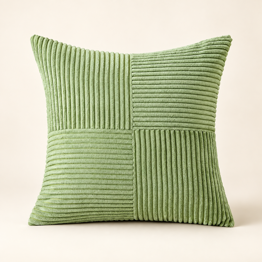 Sage patchwork corduroy cushion cover — hero