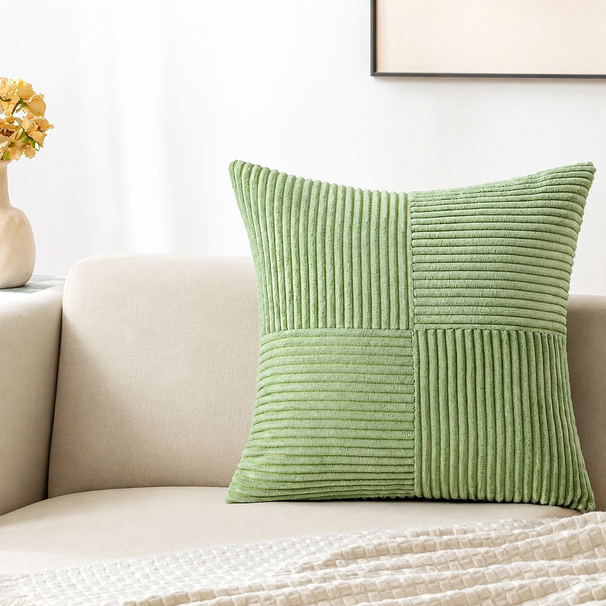 Sage patchwork corduroy cushion cover — lifestyle