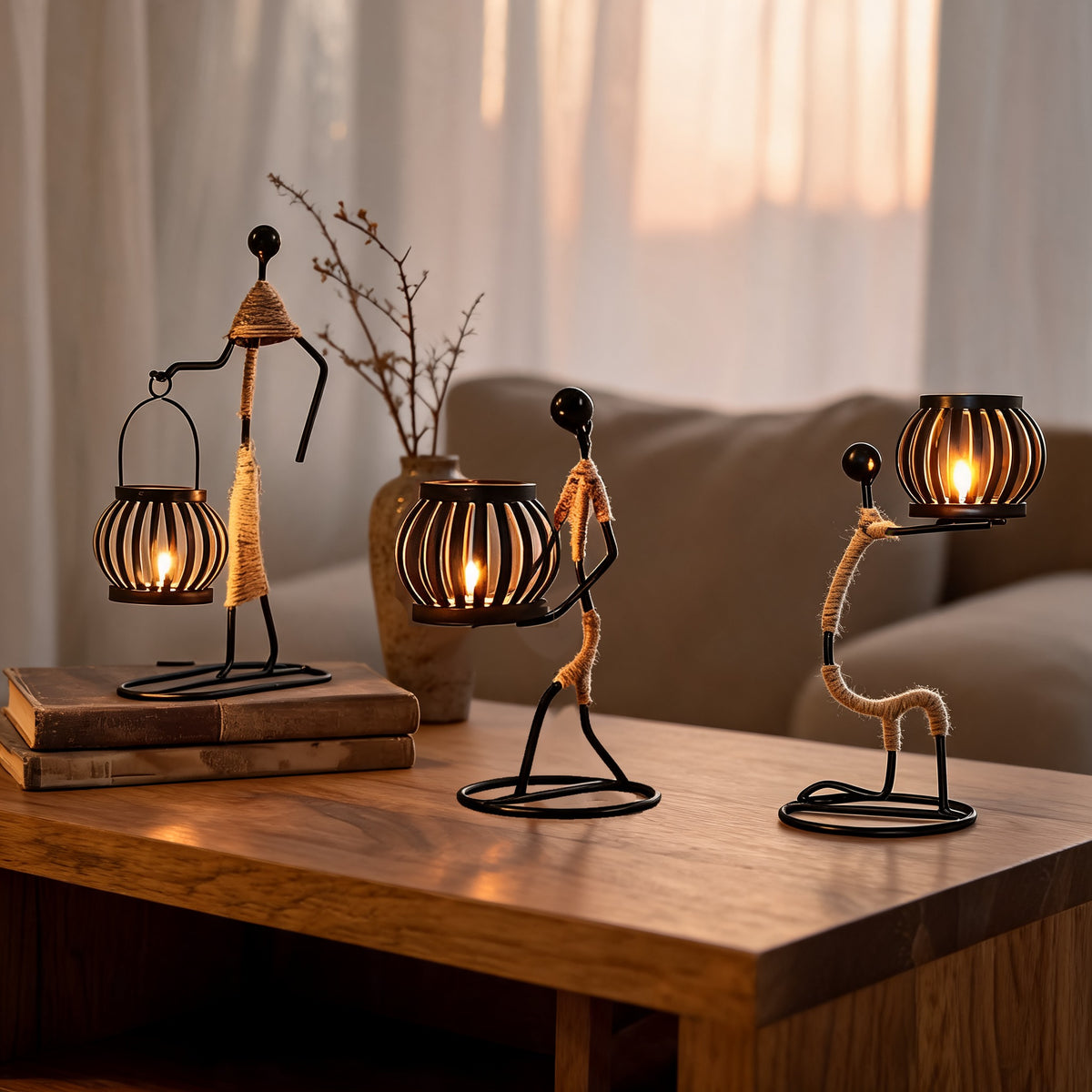 Three sculptural Figure Candlesticks with lit ivory candles arranged on a warm wood console