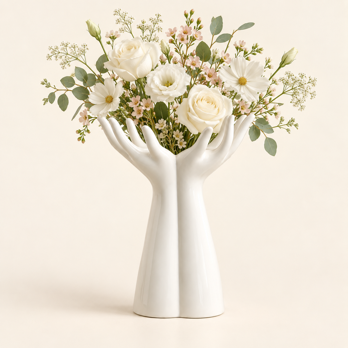 Large Hand Vase with ivory flowers