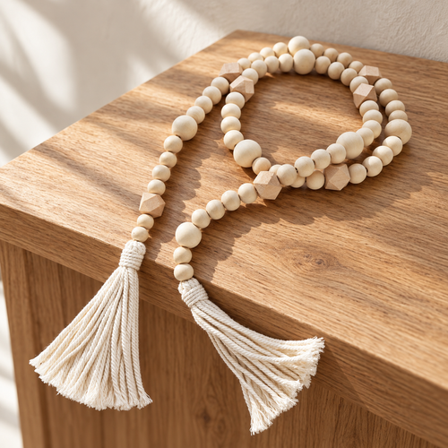 Natural wood bead decorative strand with ivory tassels styled on oak