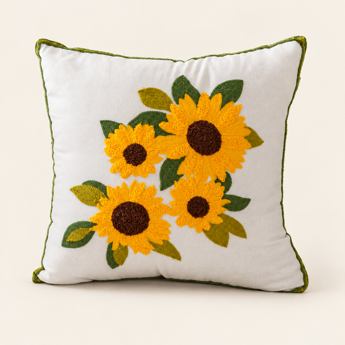 Embroidered Floral Cushion Cover — Four Sunflowers cover on a cream background